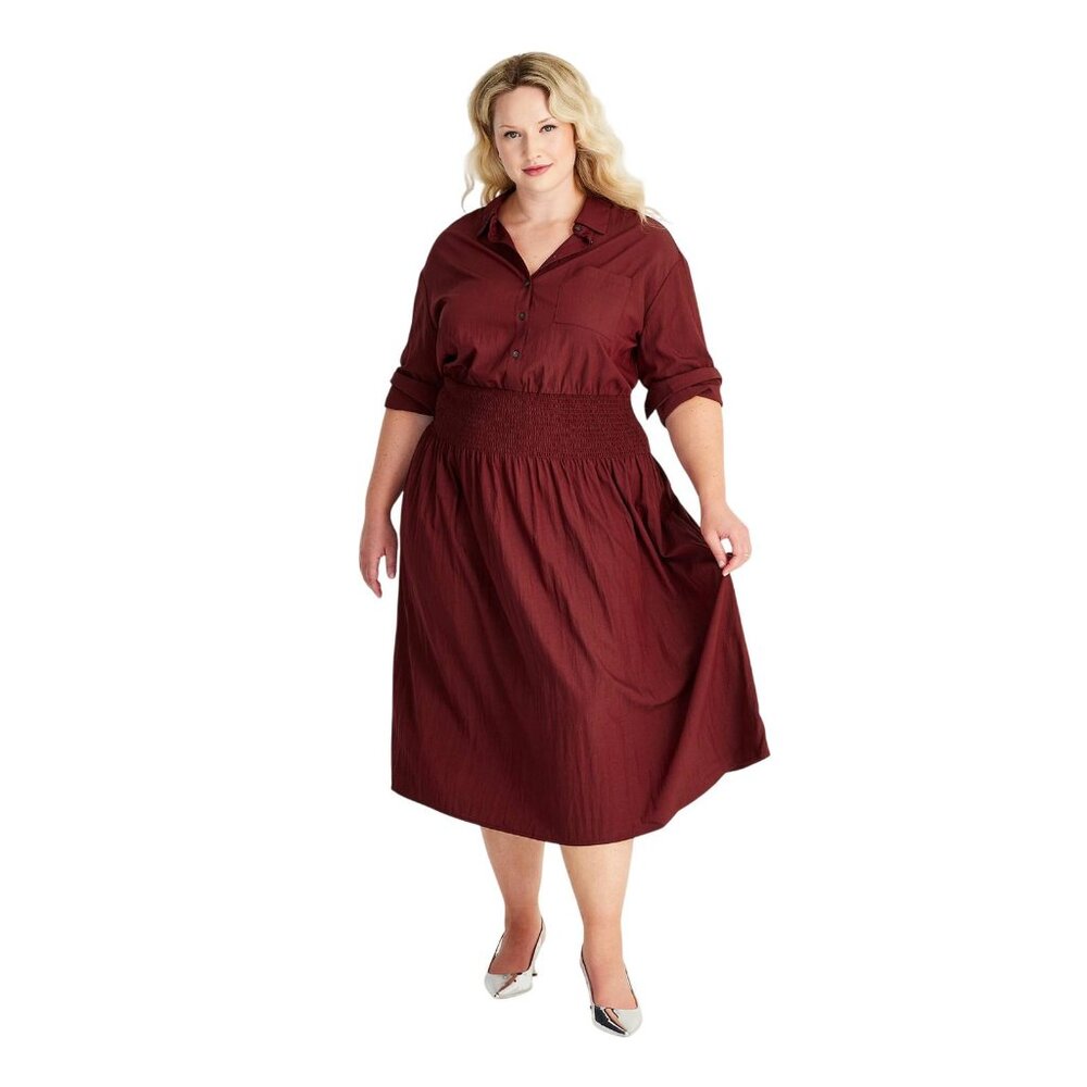 NWT Future Collective Long Sleeve Smocked Midi Shirtdress Burgundy Red XXL